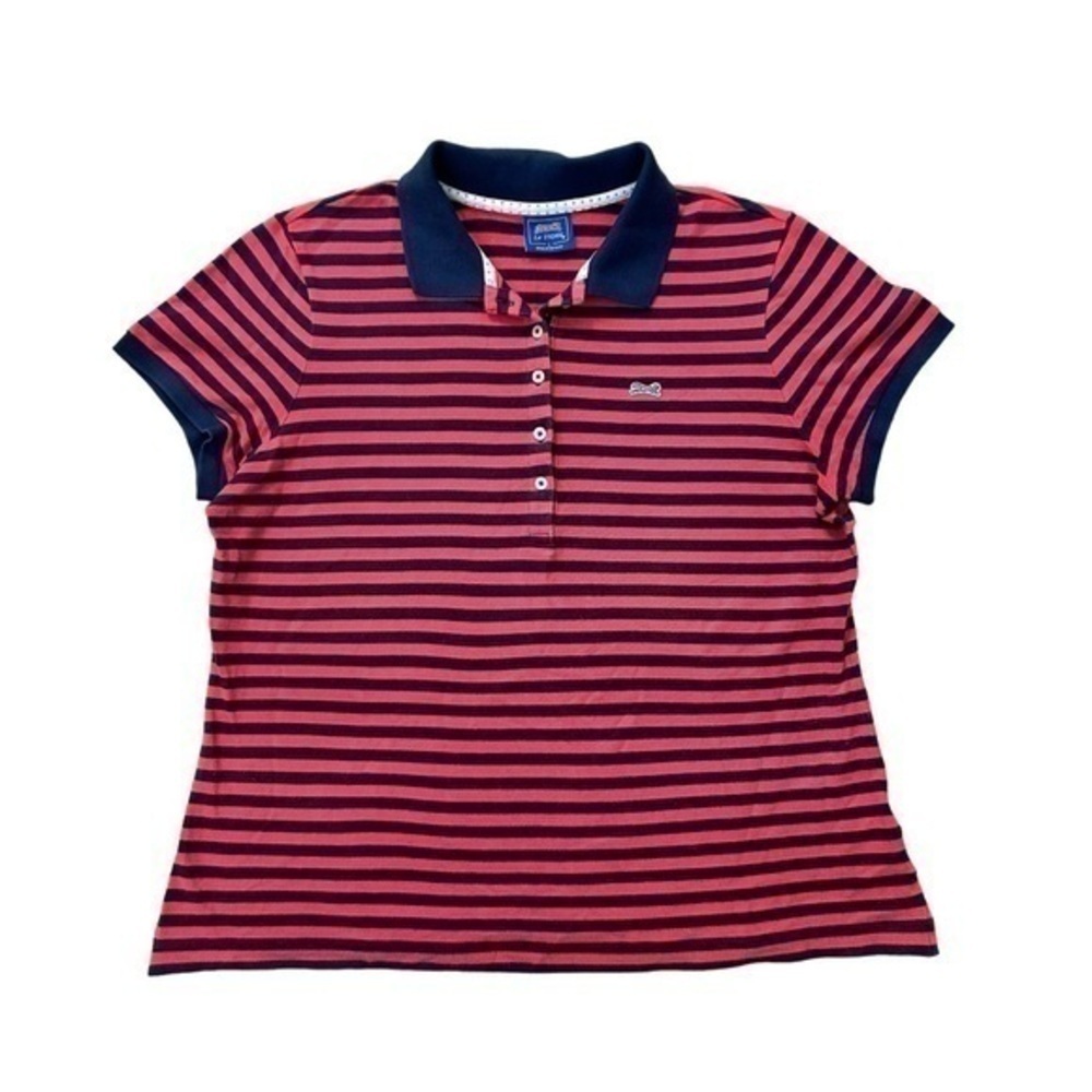 LE TIGRE RETRO STRIPPED SALMON BLUE COLLARED SHORT SLEEVE POLO, SIZE L